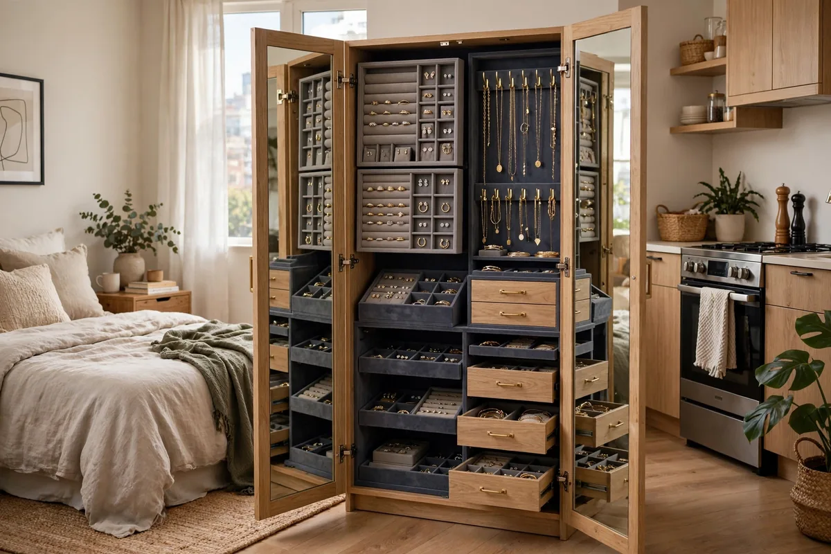 Full-length mirror cabinet with hidden jewelry storage in a studio bedroom