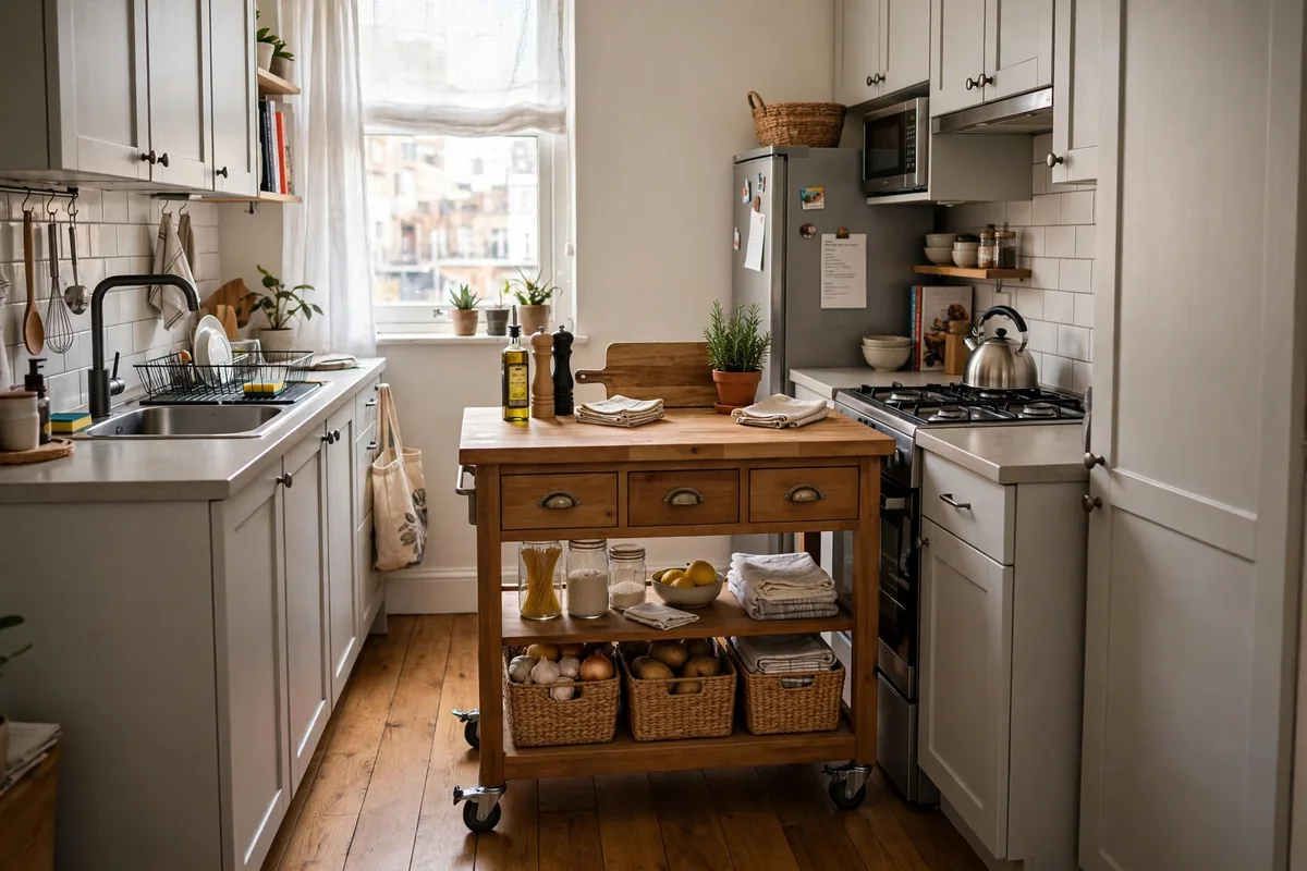Rolling kitchen cart adding counter space and storage in a tiny studio kitchen