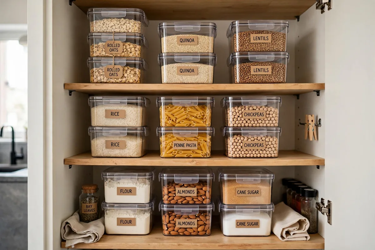 Stackable clear canisters organizing a small studio pantry cabinet
