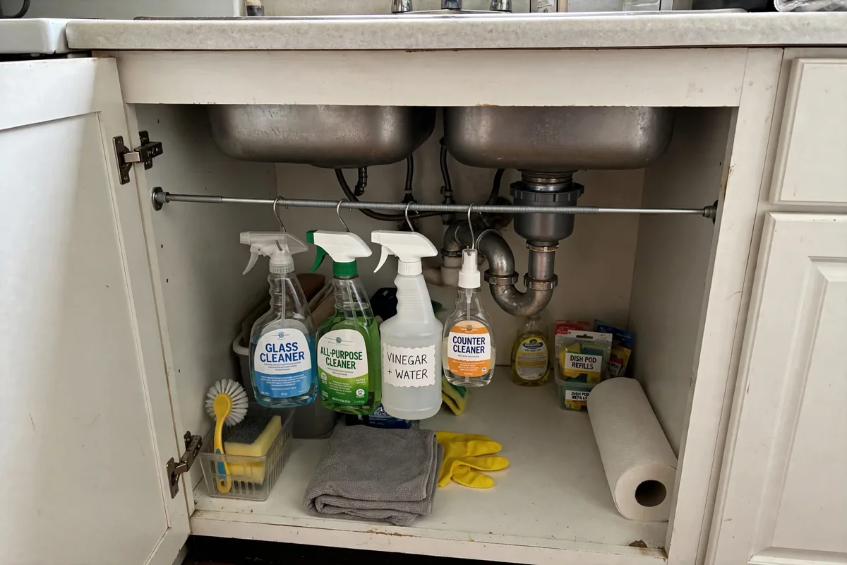 Tension rod under the sink hanging spray bottles to free cabinet space
