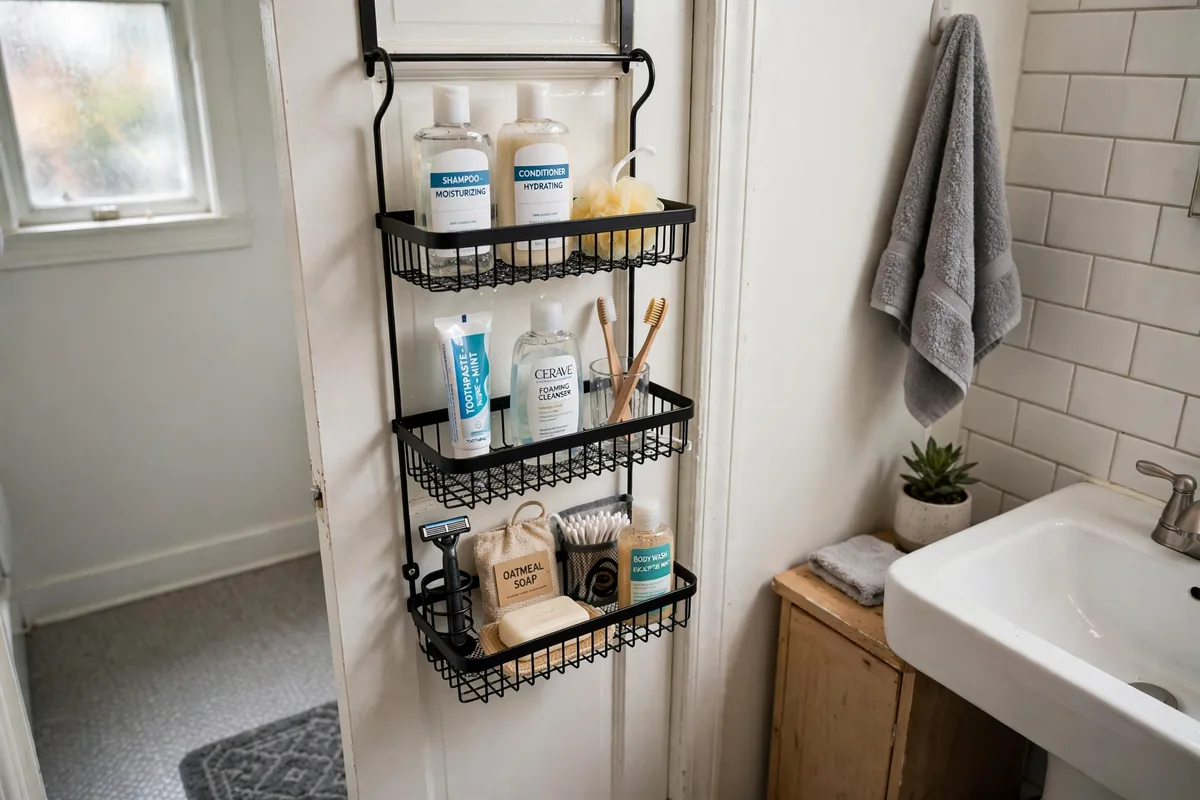 Over-the-door shower caddy organizing toiletries in a small studio bathroom