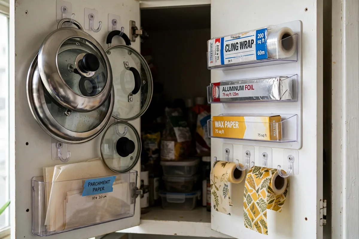 Adhesive hooks organizing utensils inside a kitchen cabinet door