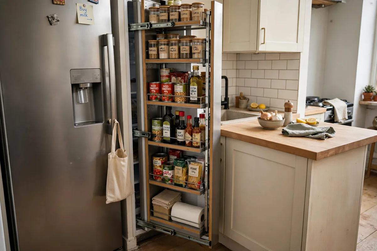 Slim rolling pull-out pantry organizer in the gap beside a fridge