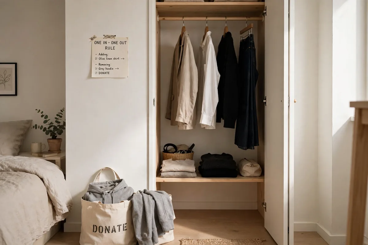 Donation bag in a closet supporting the one-in-one-out declutter rule