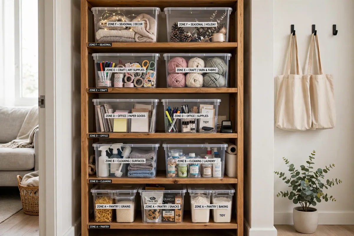 Labeled storage bins organized by zone in a studio apartment
