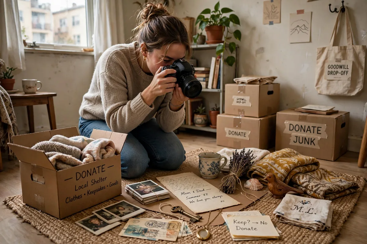 Photographing sentimental keepsakes before decluttering a studio apartment