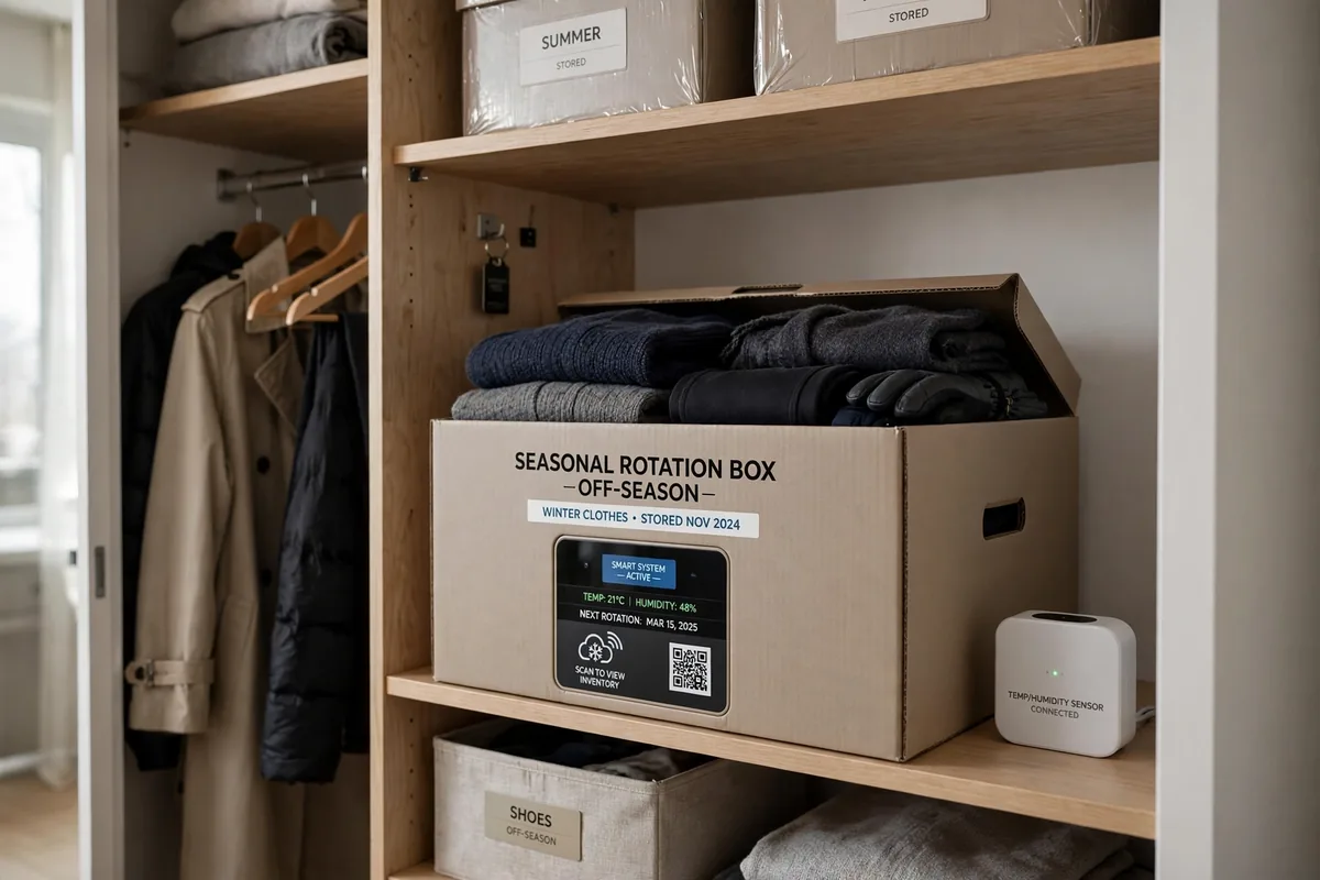 Seasonal rotation storage box under a bed in a studio apartment