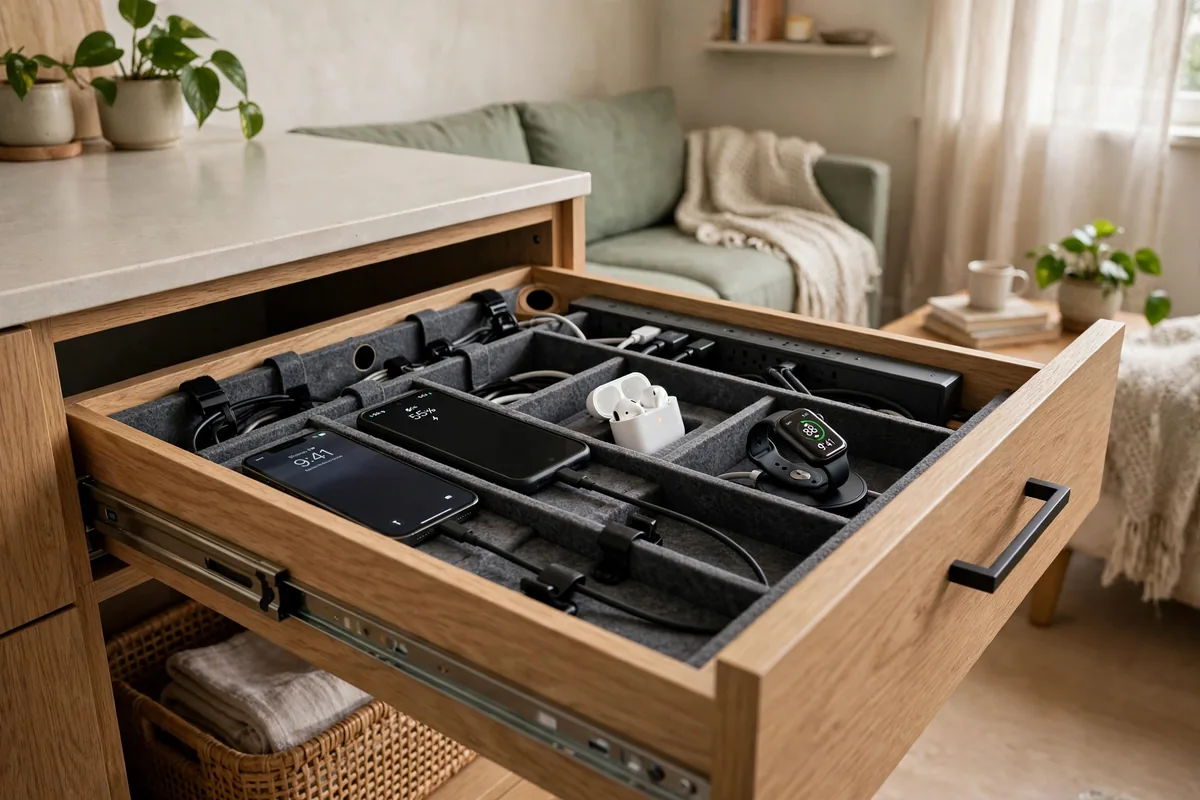 Nightstand with built-in charging drawer hiding cables in a studio bedroom