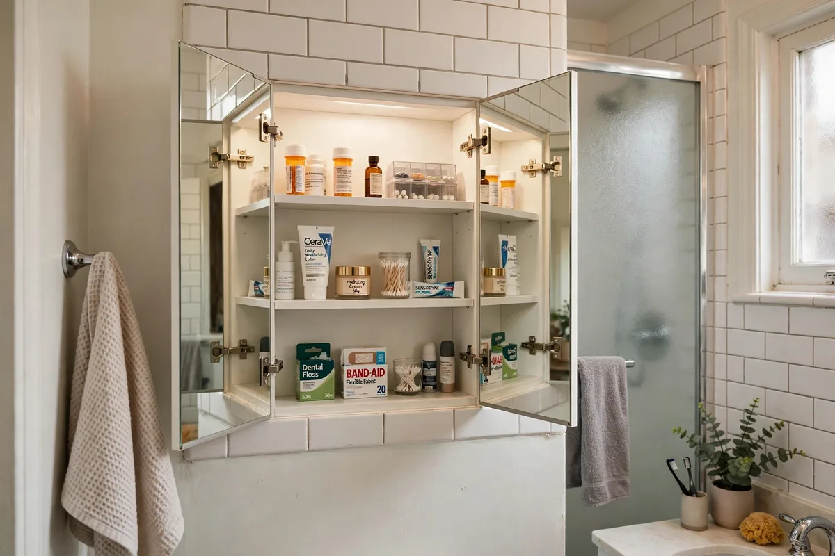 Mirrored medicine cabinet adding hidden shelves in a small studio bathroom
