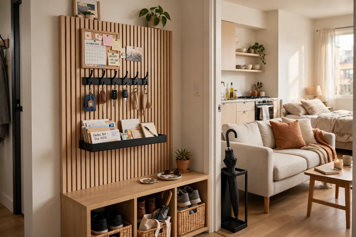 Entryway landing strip command center with hooks shelf and tray by the front door