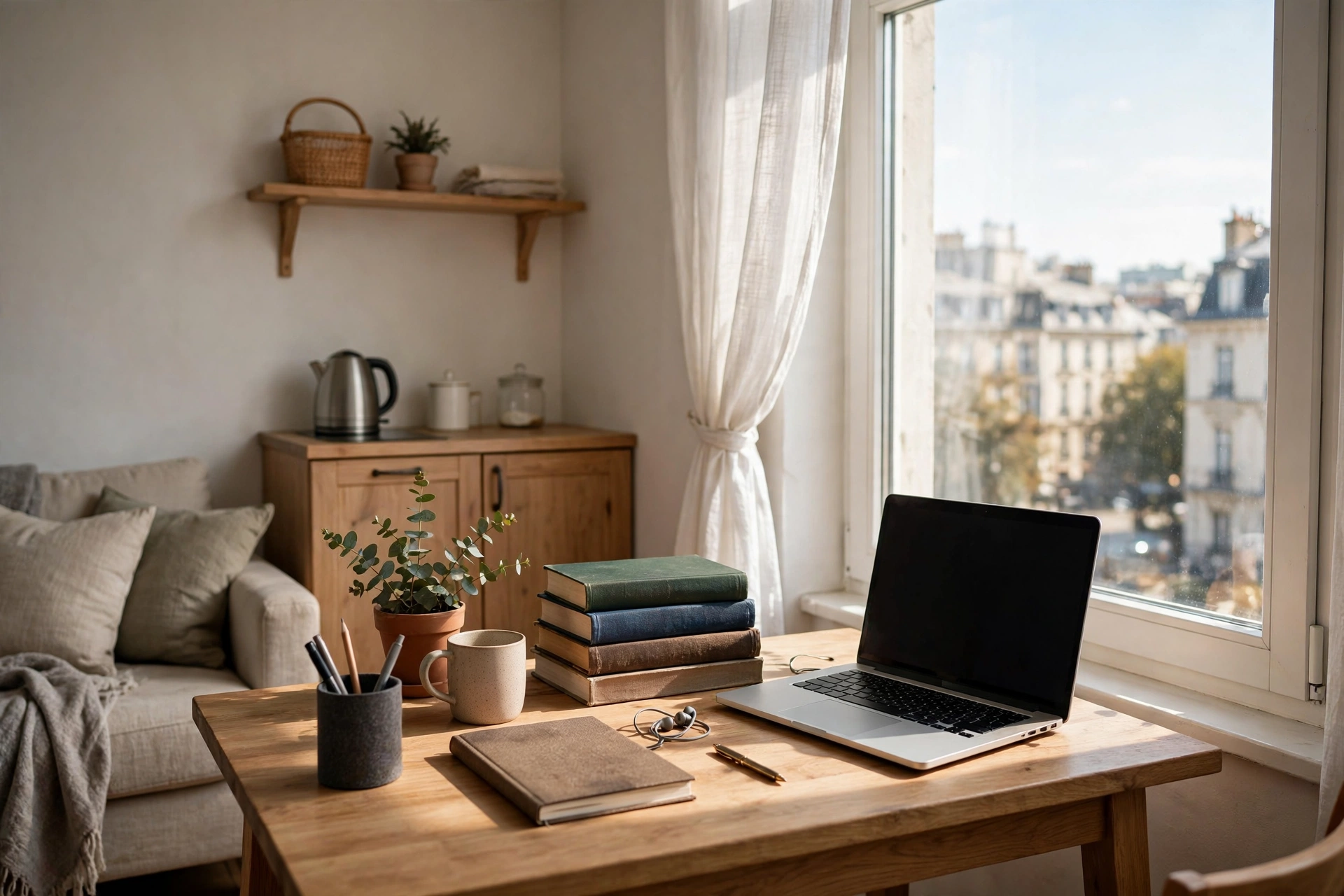Student desk placed by a bright window with laptop and textbooks in a small studio apartment