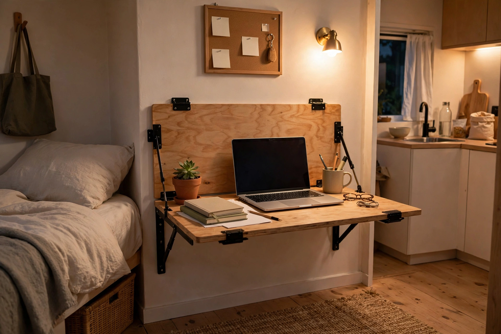 Fold-down wall-mounted desk open with laptop and notebooks in a tiny student studio