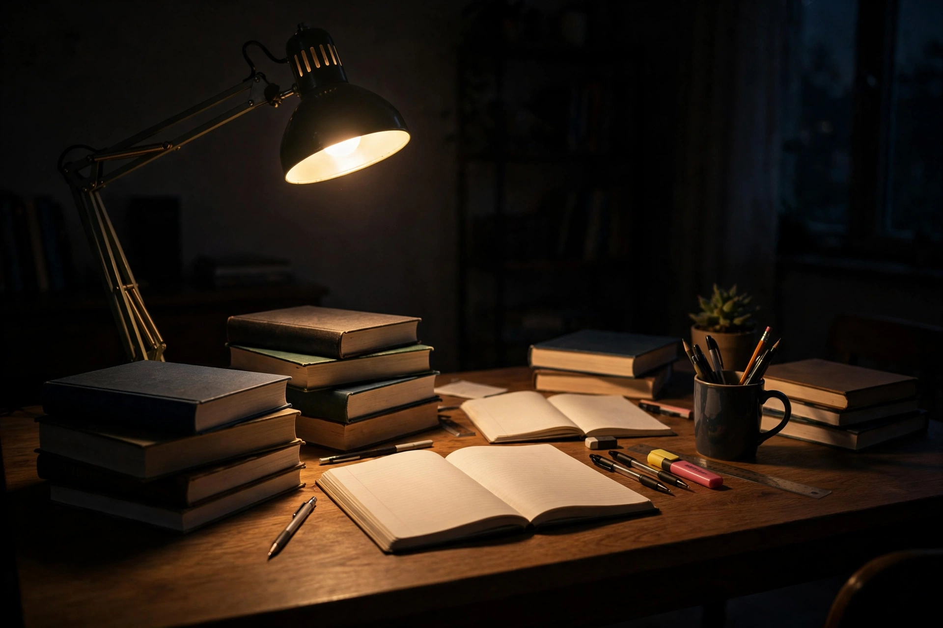 Adjustable architect task lamp illuminating textbooks on a student desk at night