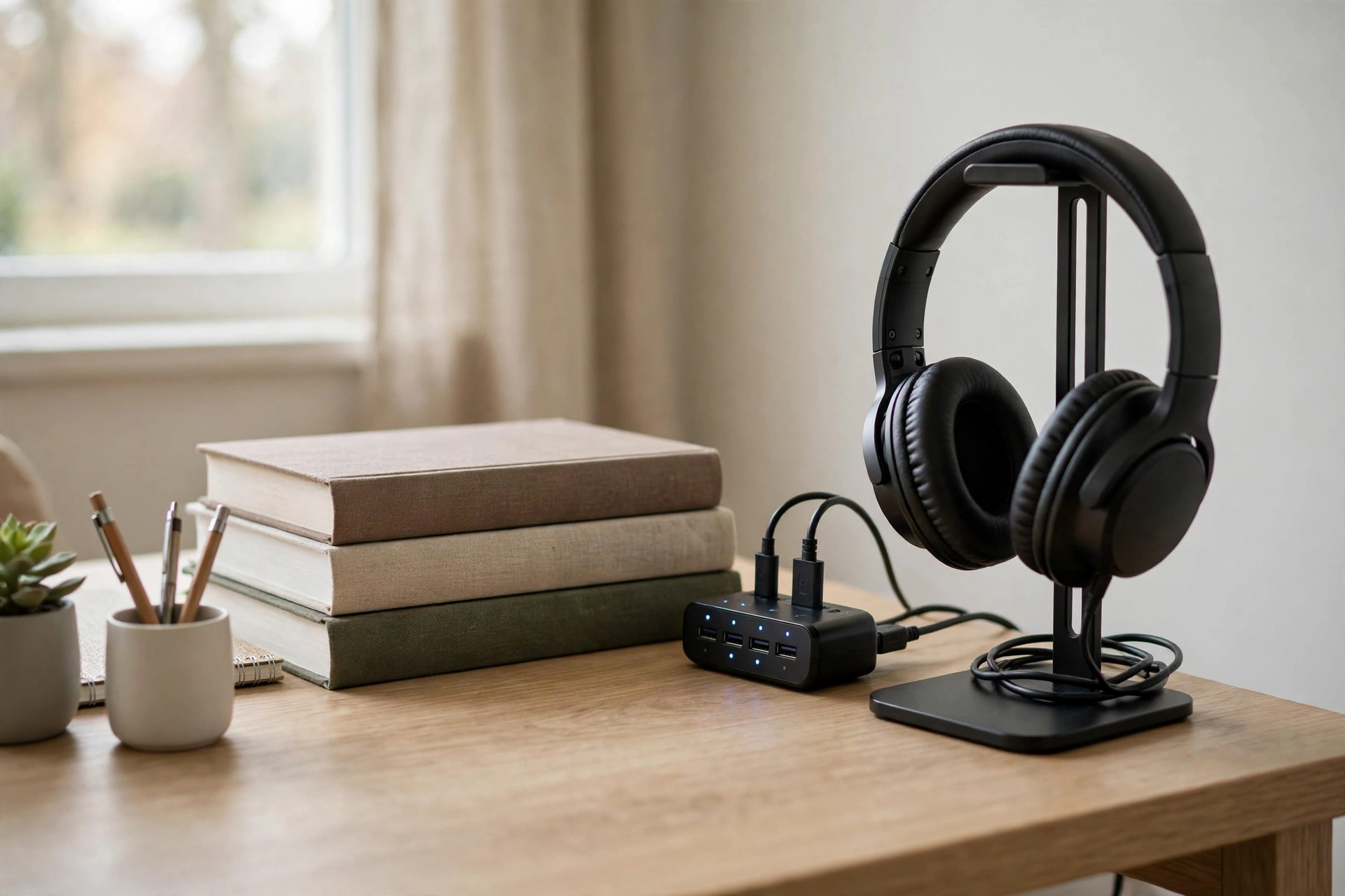 Headphone stand with charging station beside textbooks on a student study desk