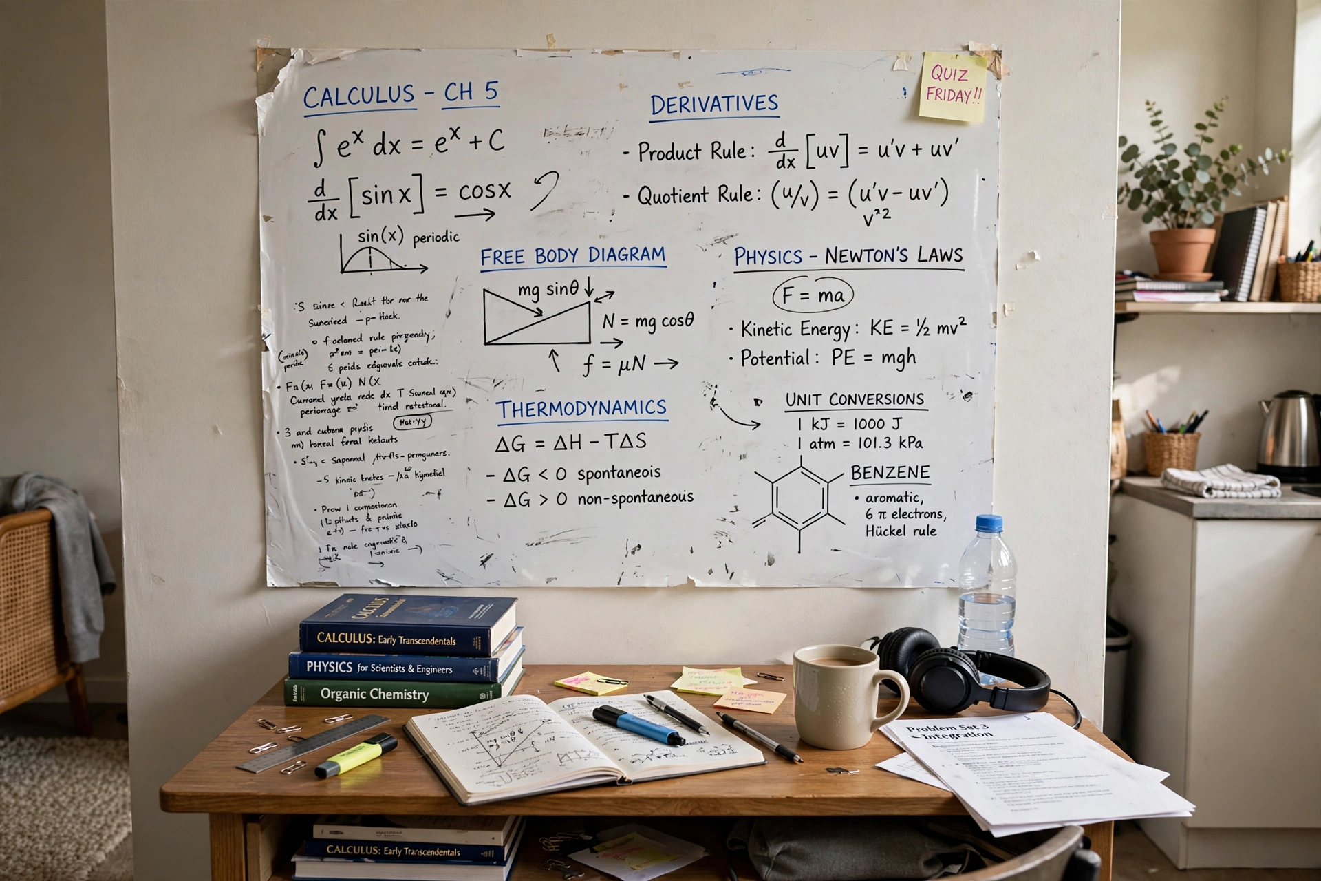 Peel-and-stick whiteboard wall covered with study notes and diagrams in a student studio