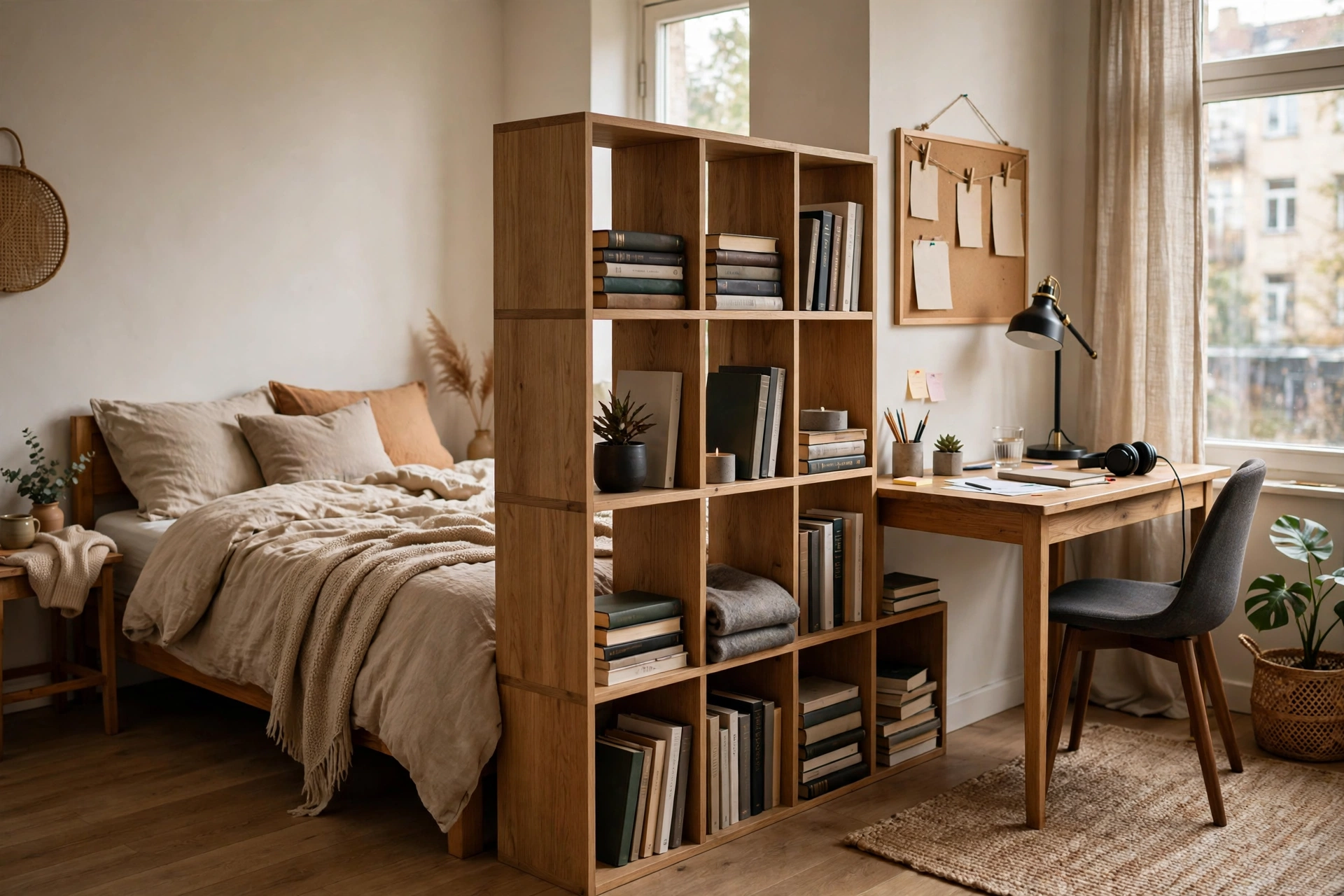 Low cube bookshelf dividing a study desk nook from the bed in a student studio apartment