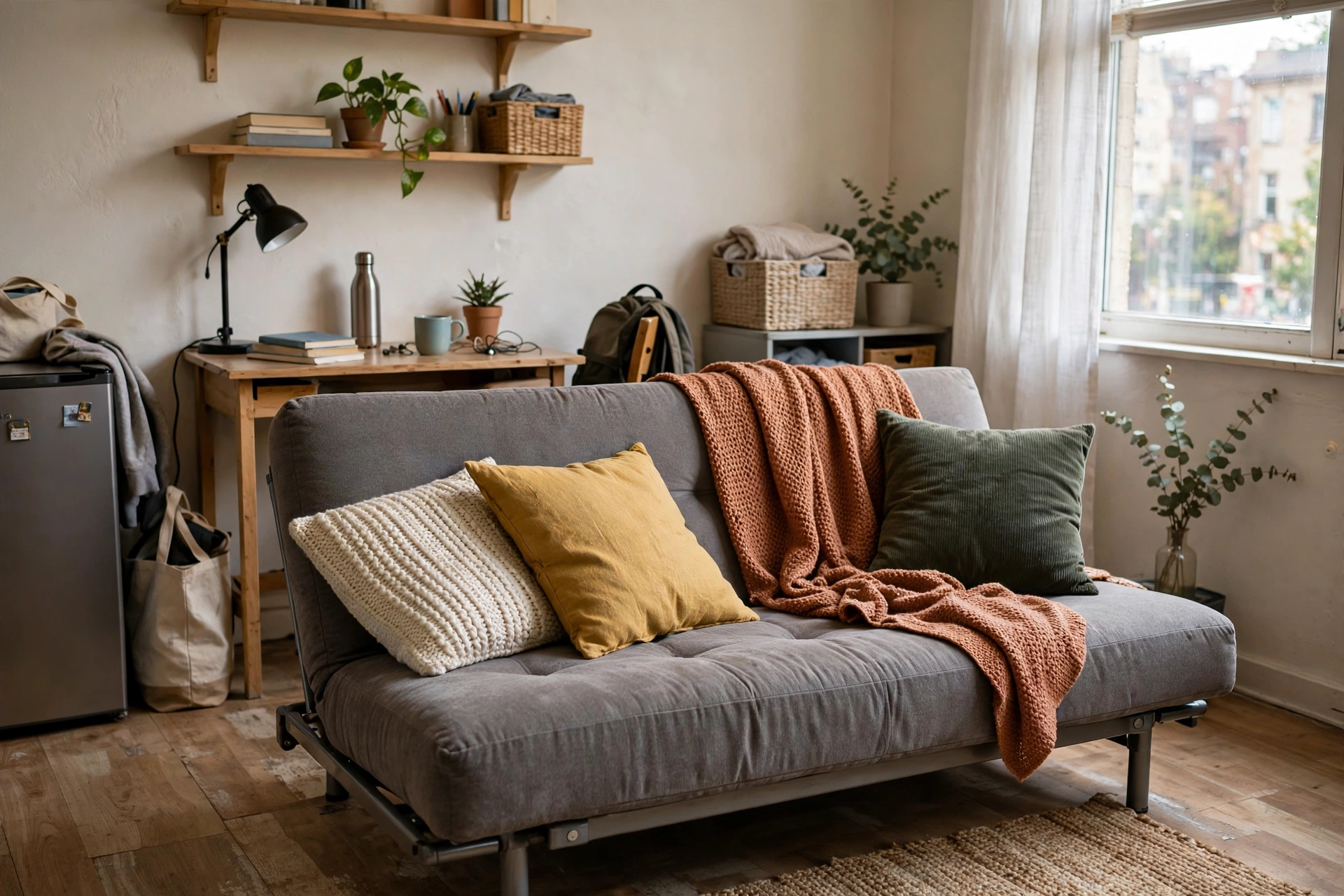 Convertible futon as a sofa in daytime mode in a small student studio apartment