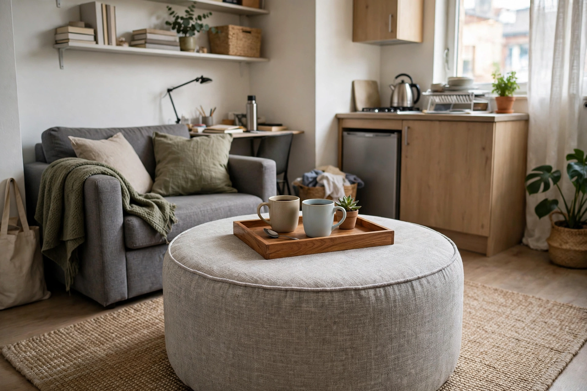 Round storage ottoman used as a coffee table with tray on top in a student studio