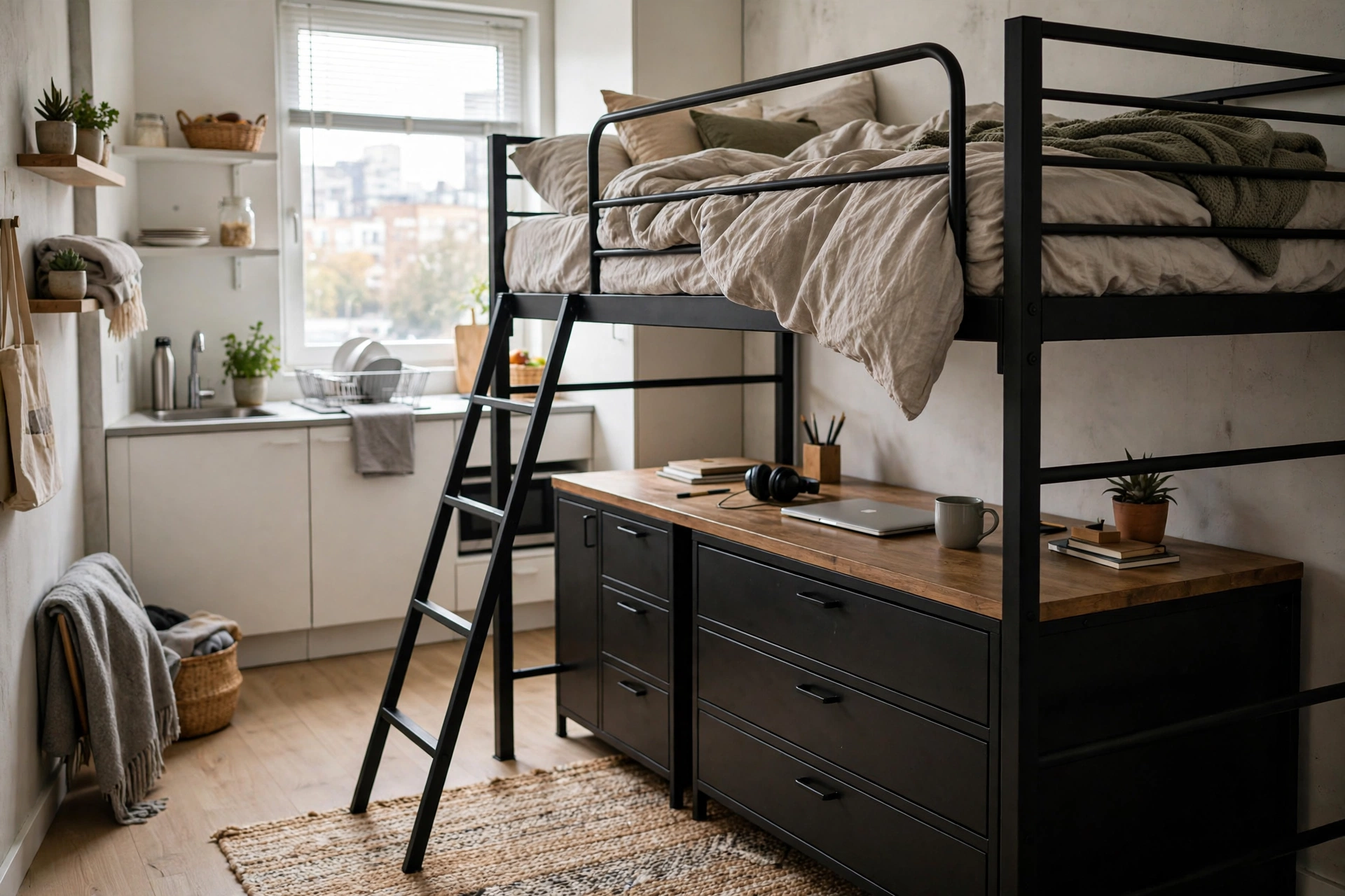 Metal loft bed with desk and storage underneath in a student studio apartment