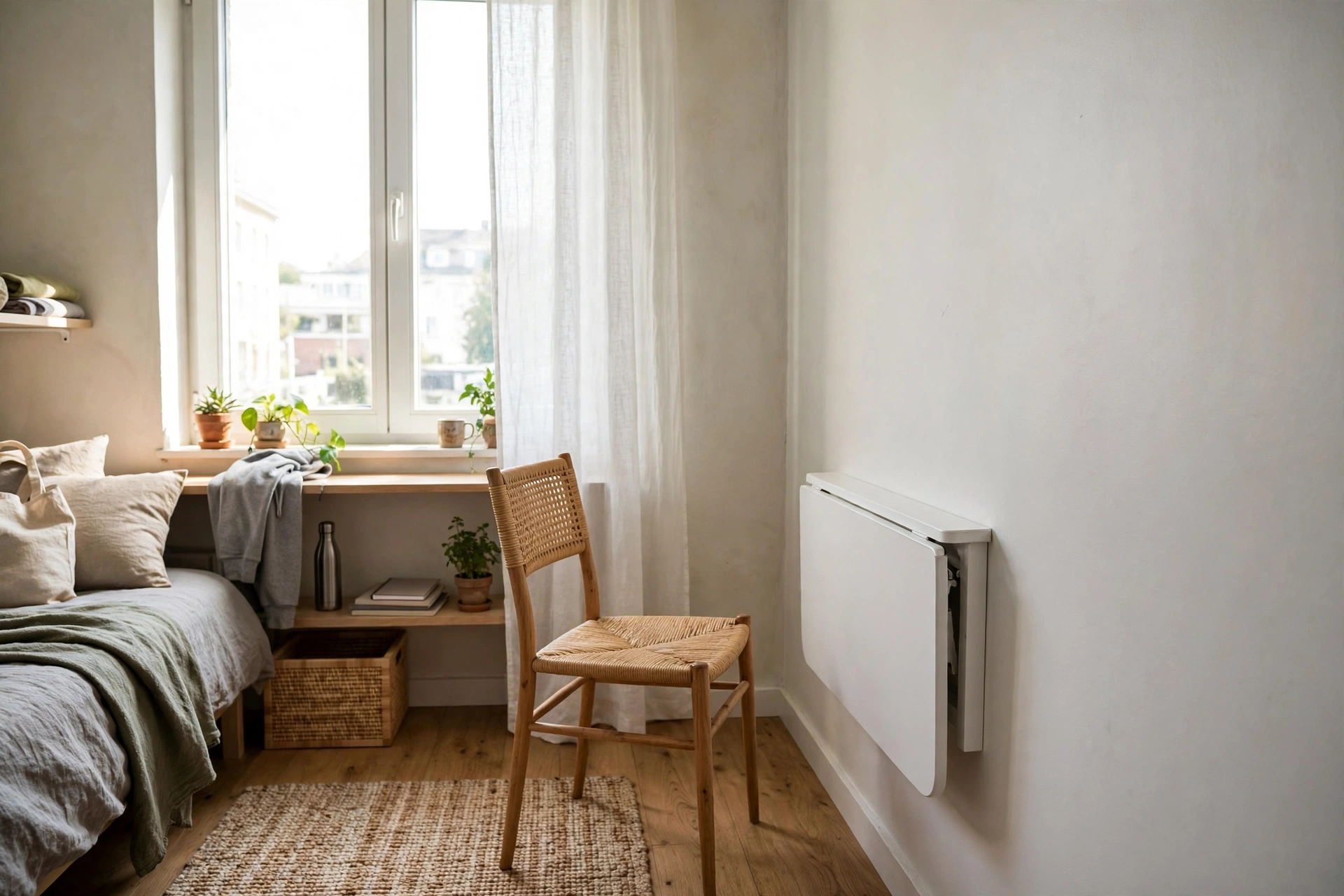 Drop-leaf dining table folded slim against the wall with one chair in a student studio