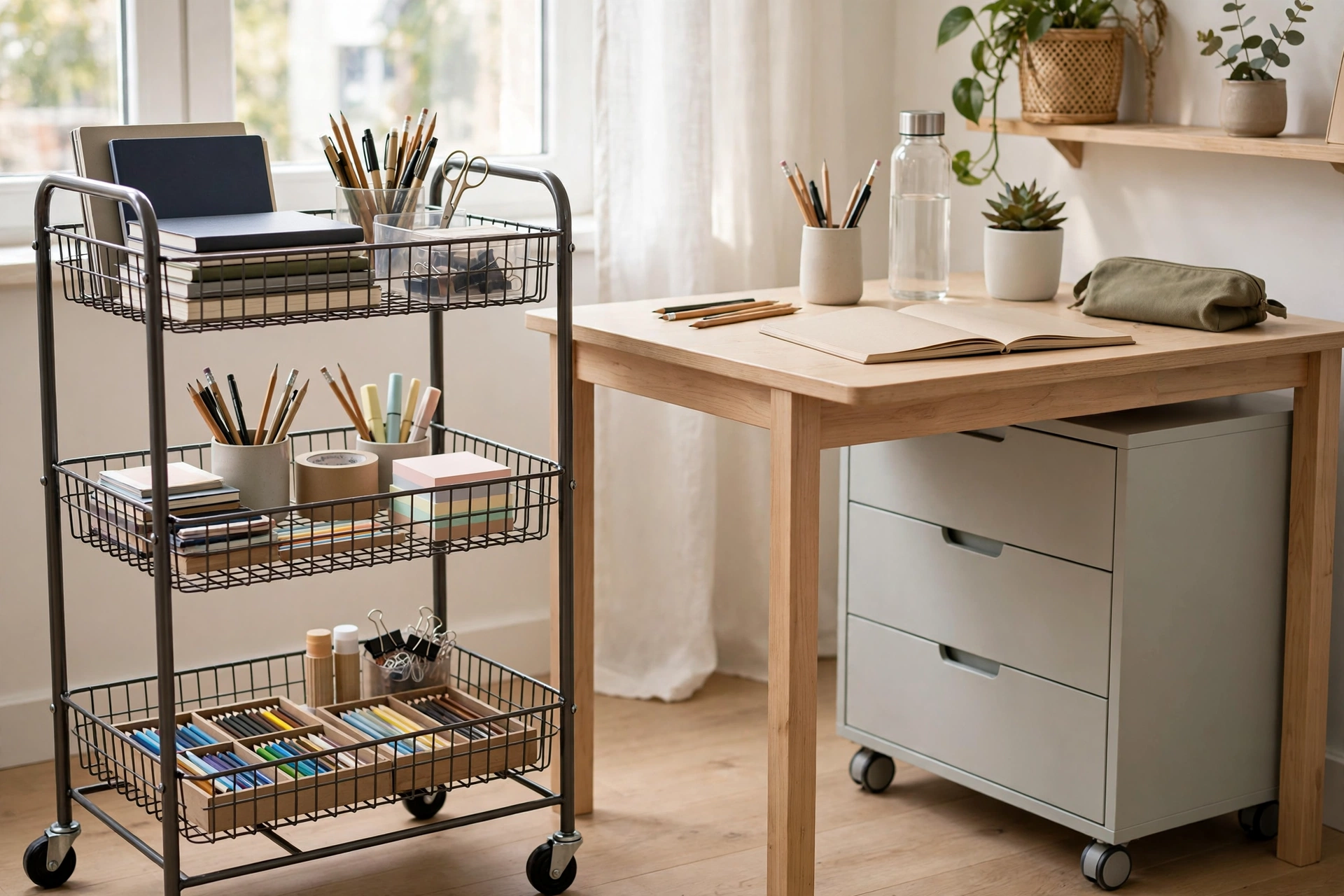 Three-tier rolling cart organized with school supplies beside a student desk