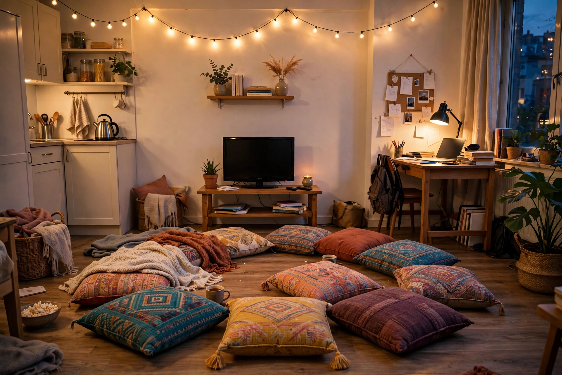 Colorful floor cushions arranged for a movie night in a student studio apartment