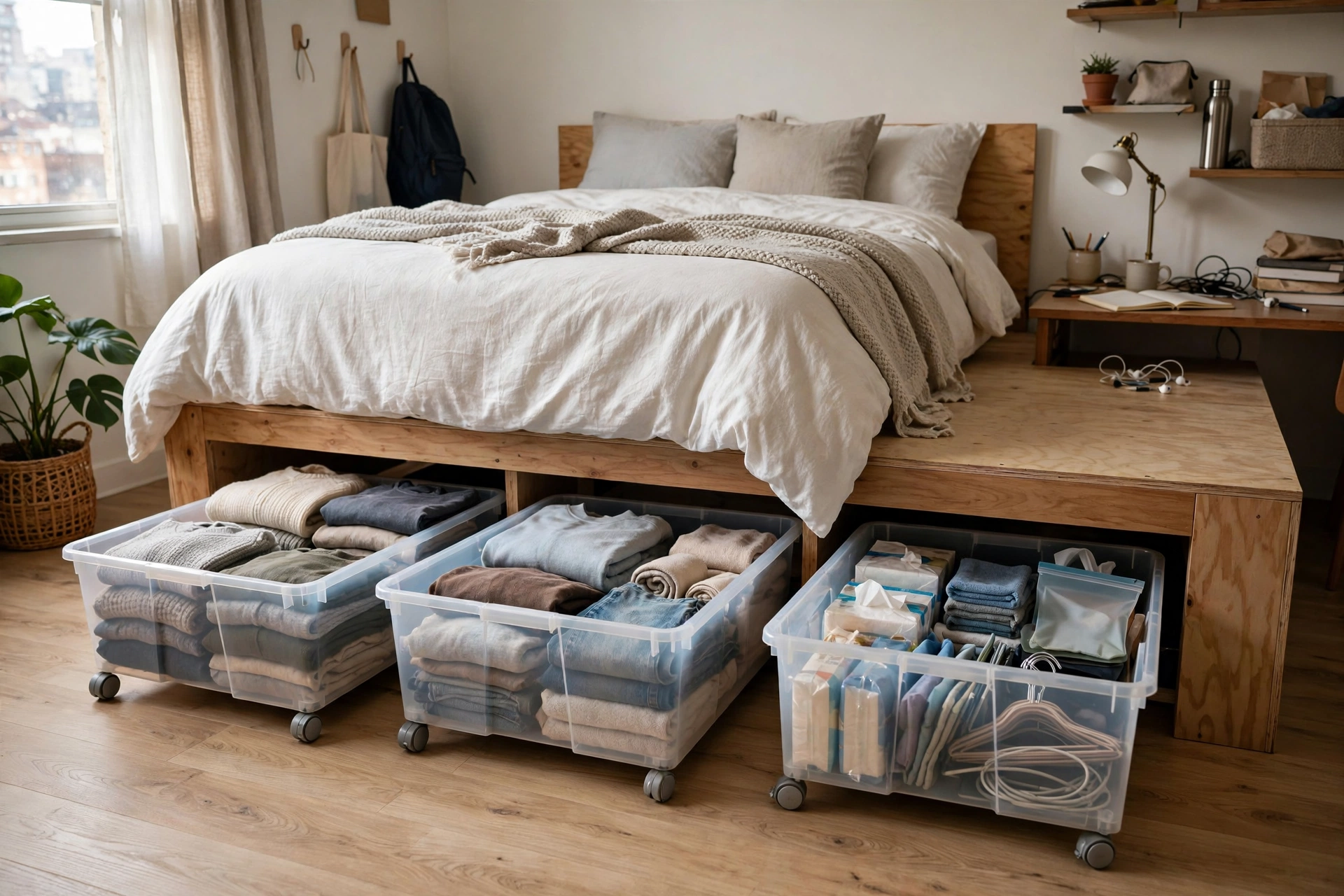 Labeled under-bed rolling bins filled with clothes and supplies in a student studio