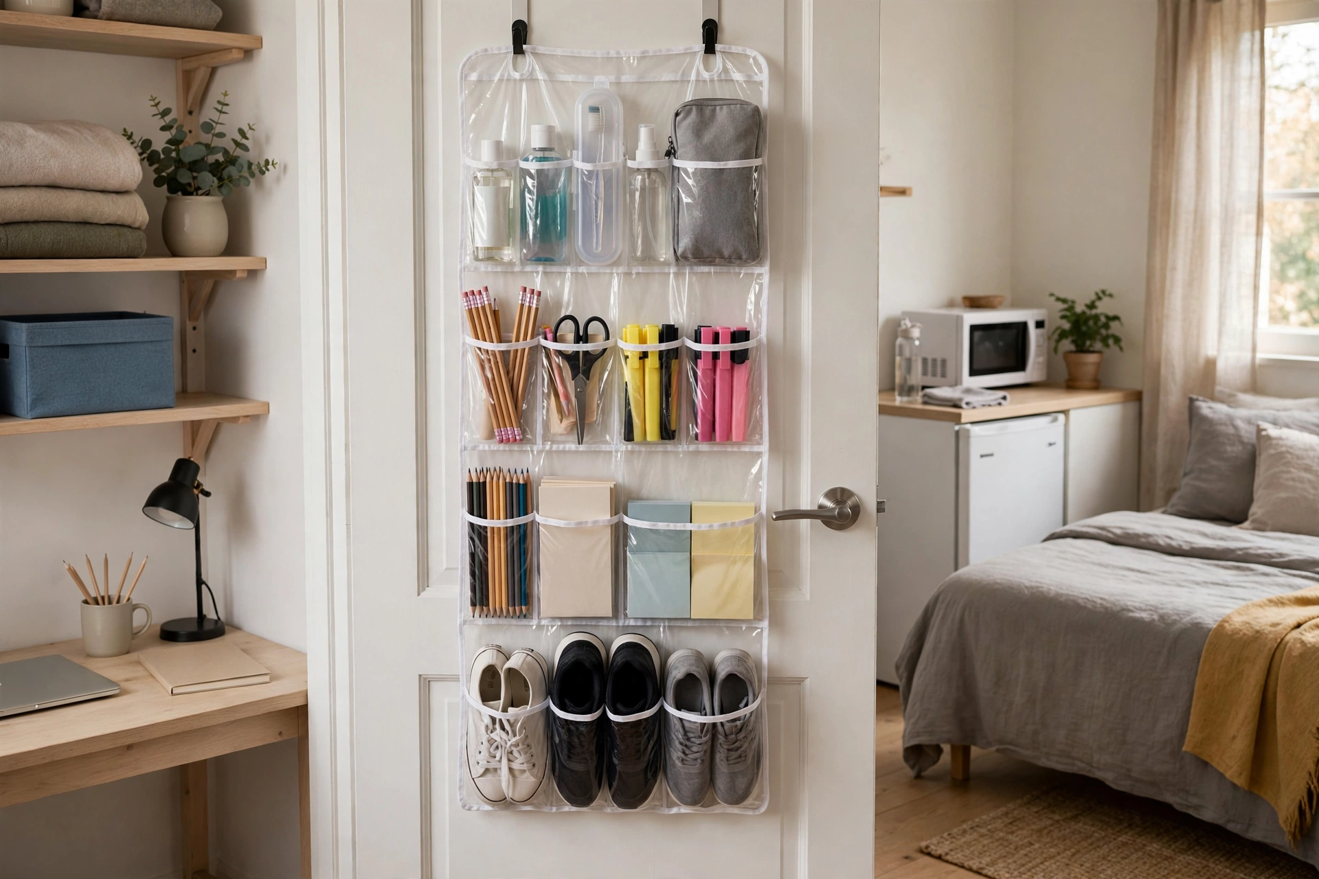 Clear-pocket over-door organizer holding shoes and school supplies in a student studio