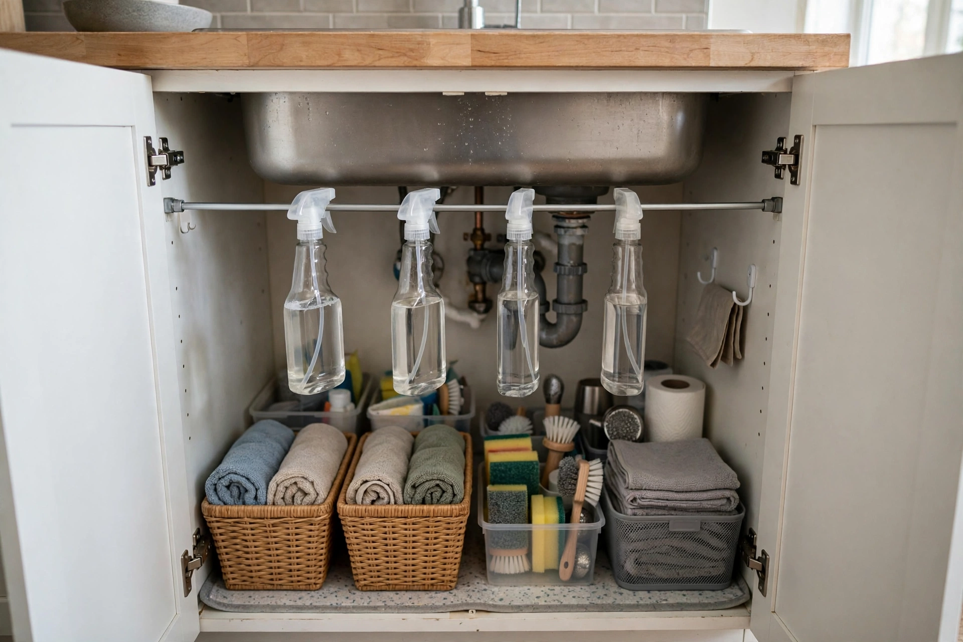 Tension rod with hanging spray bottles organizing under-sink space in a student kitchen