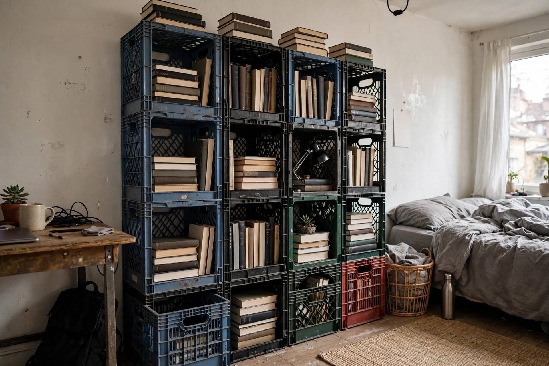 Stacked milk crates forming a bookshelf with textbooks in a student studio apartment
