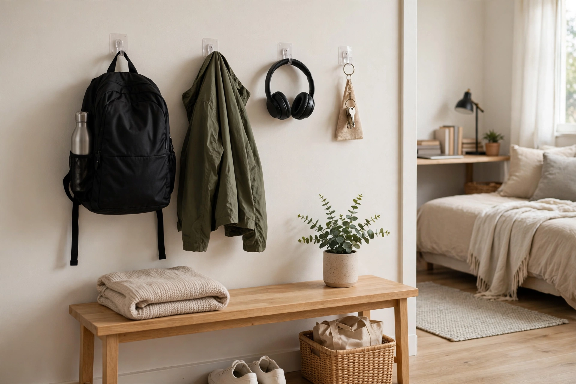 Wall of adhesive hooks holding backpack jackets and keys in a student studio entry