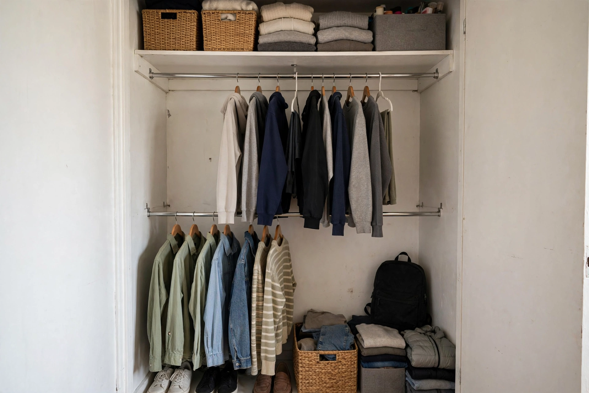 Closet with double-hang rod doubling clothing capacity in a small student studio closet