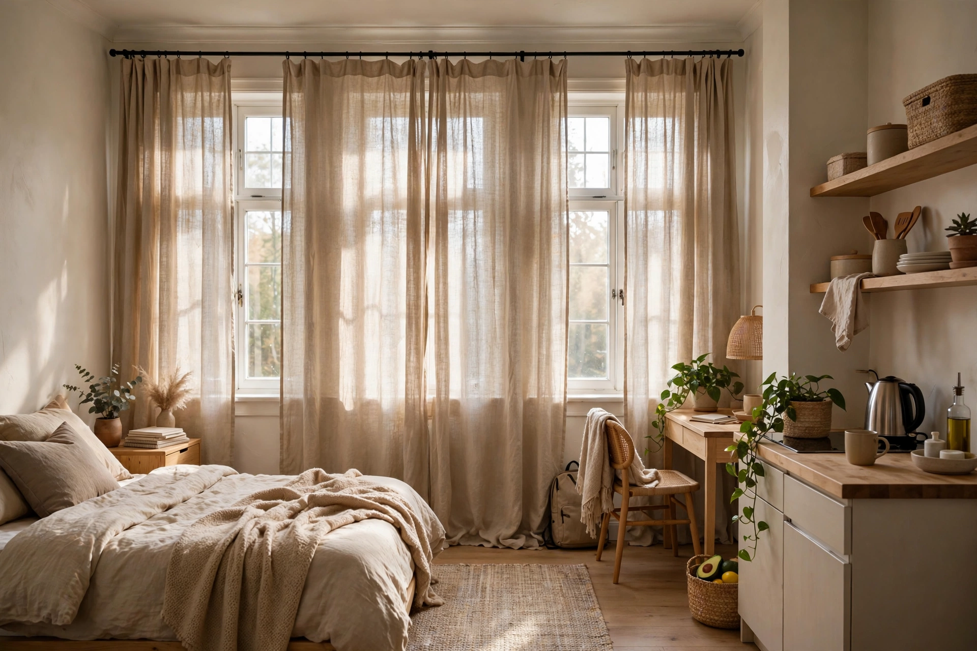 Floor-length linen curtains hung high over windows in a student studio apartment