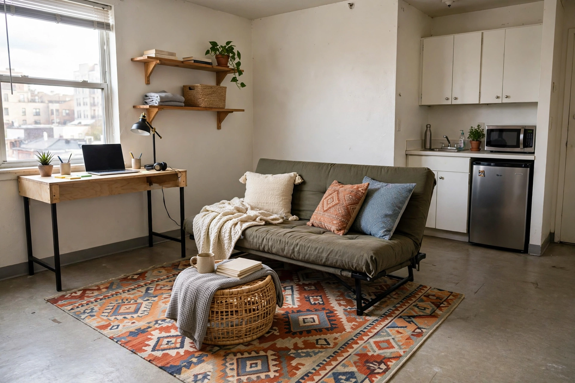 Patterned area rug defining the living zone over rental flooring in a student studio