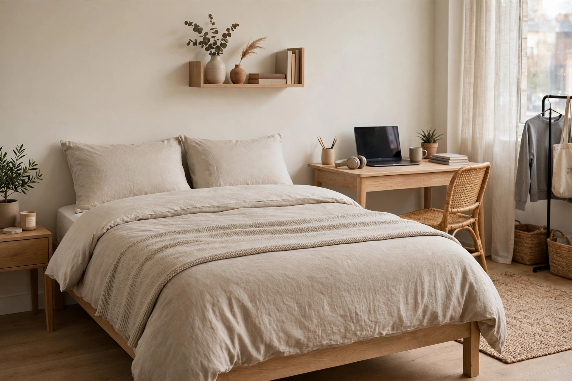 Coordinated duvet bedding set in neutral tones on a bed in a student studio apartment
