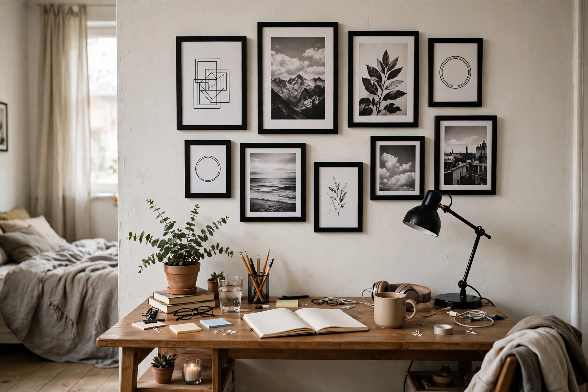 Budget gallery wall of printed posters and photos in matching frames in a student studio
