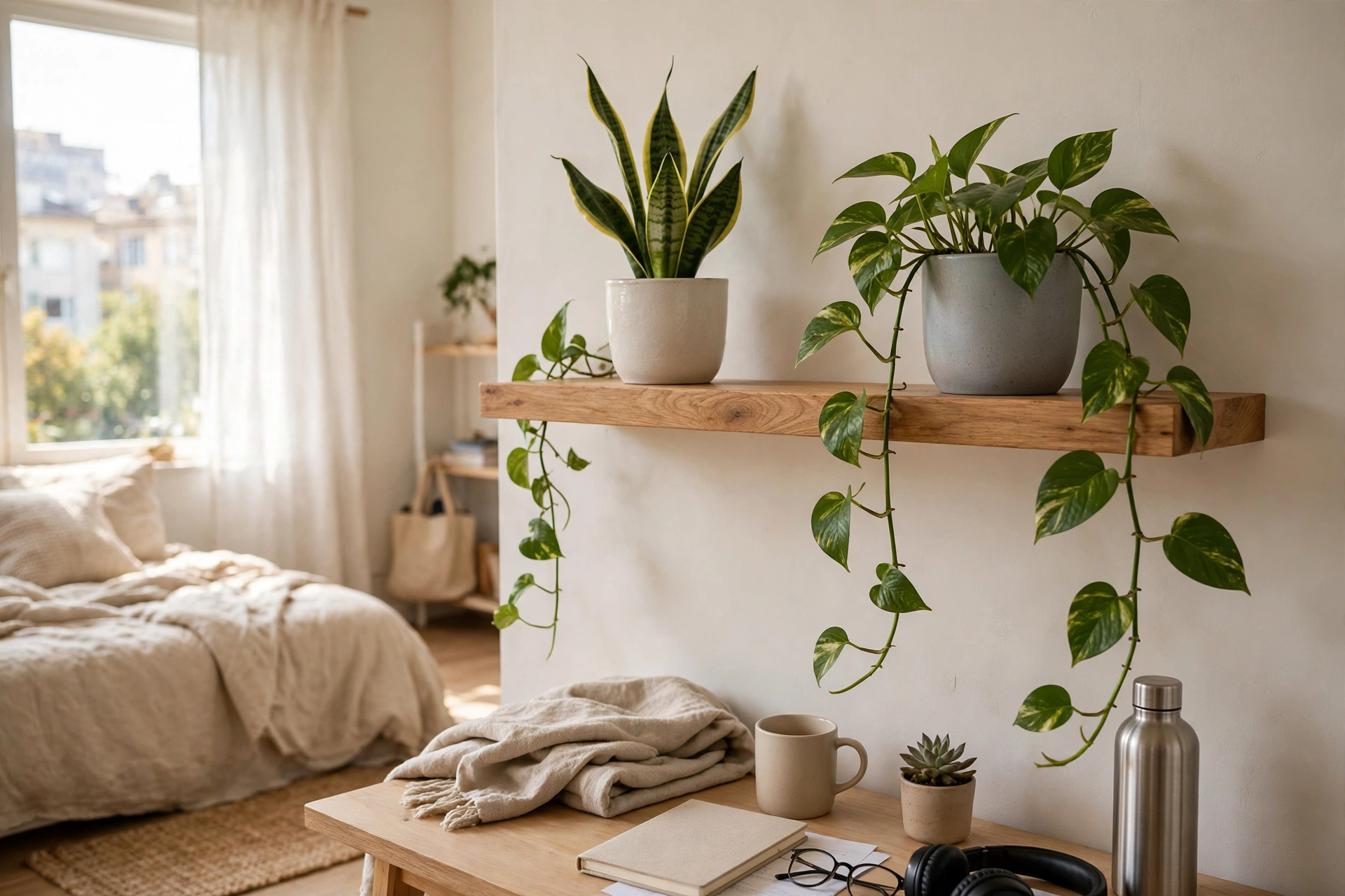 Snake plant and pothos in simple pots on a shelf in a student studio apartment