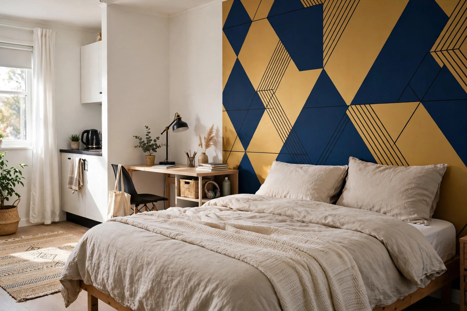 Bold peel-and-stick wallpaper accent wall behind a bed in a student studio apartment