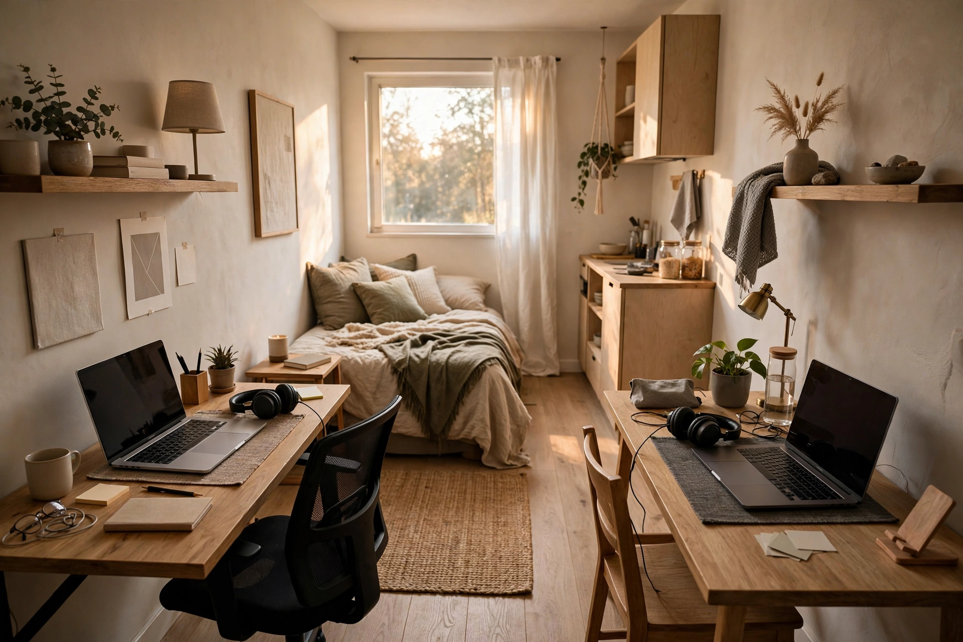 Two students studying with headphones on opposite sides of a shared studio apartment