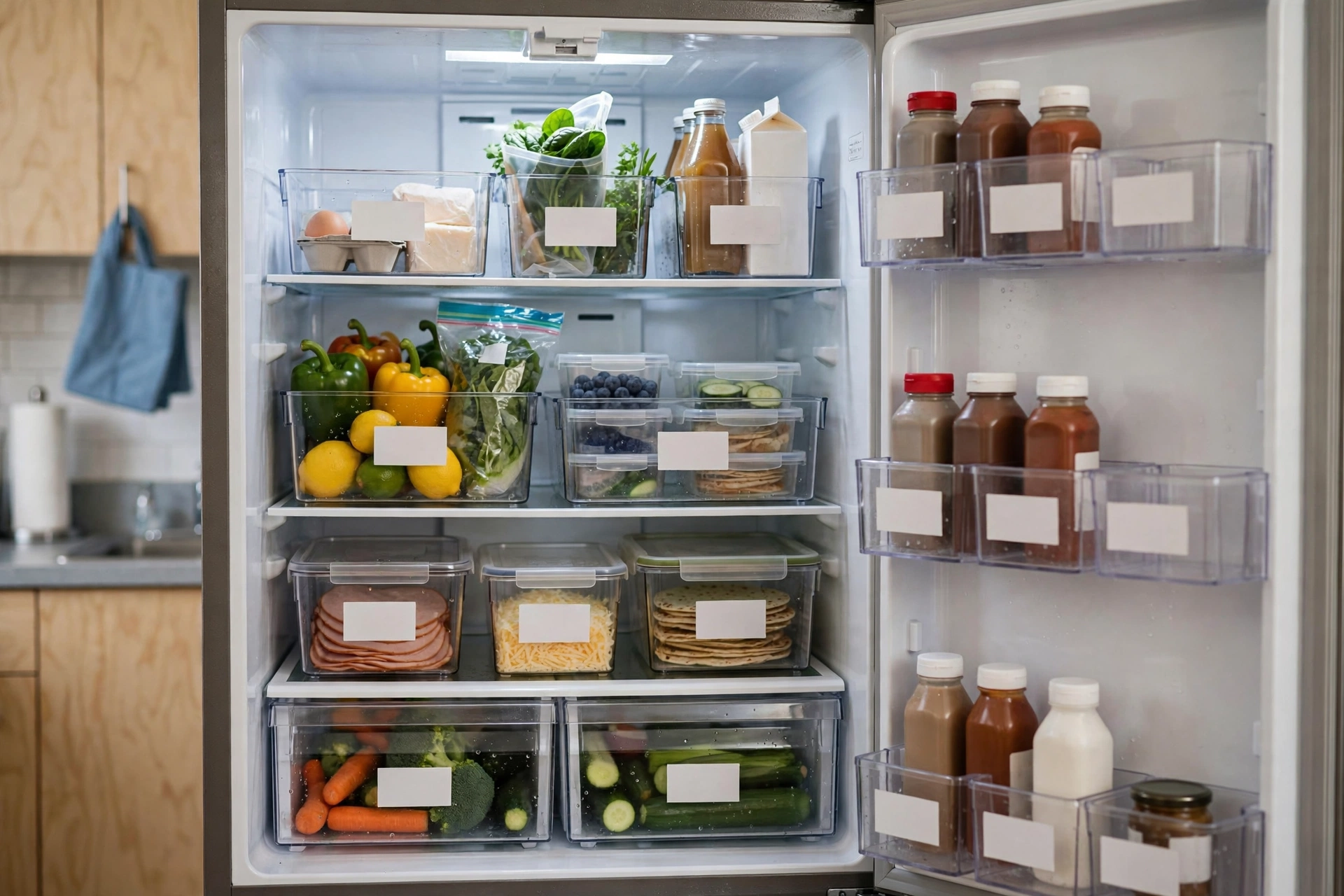 Fridge interior with labeled bins splitting shelves between roommates in a student apartment