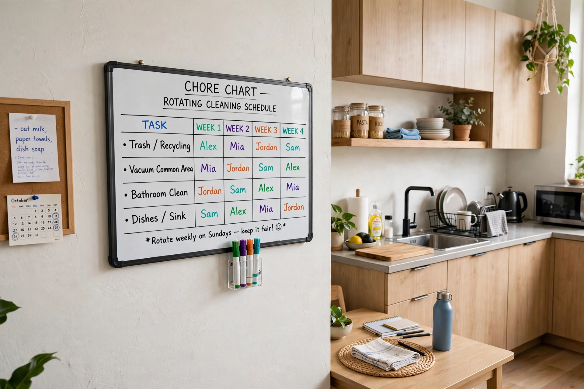 Whiteboard chore chart with rotating cleaning schedule on a student apartment wall