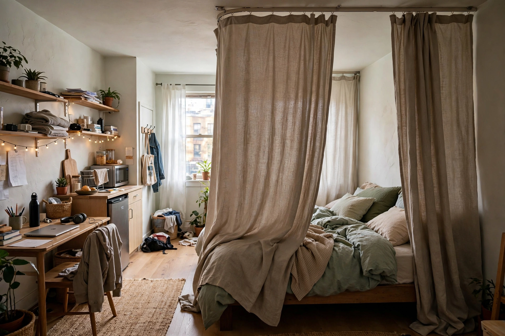 Privacy curtain around a bed creating a private nook in a shared student studio