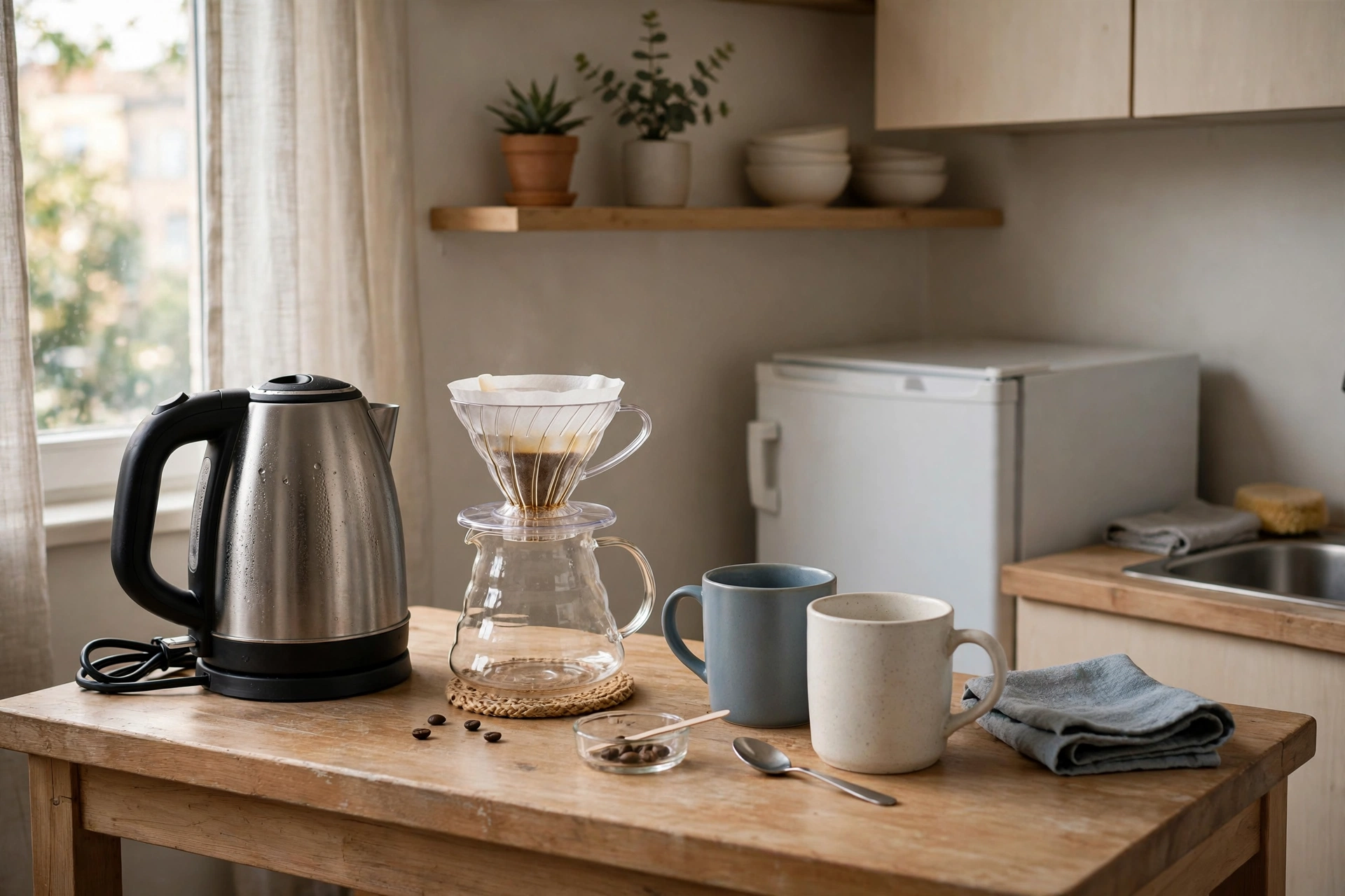 Electric kettle and pour-over coffee setup on a small counter in a student studio kitchen