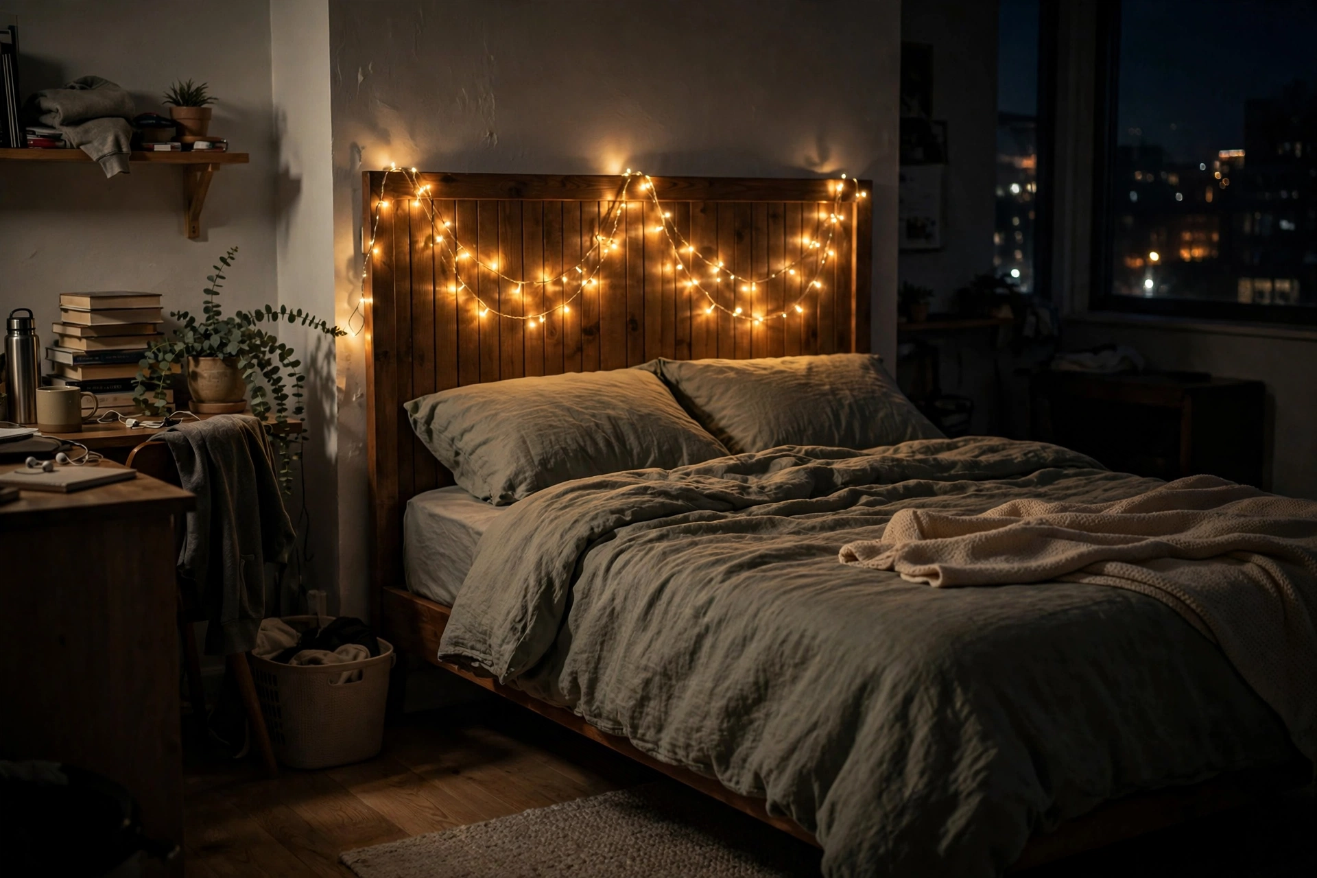 Warm fairy lights draped over a bed headboard glowing in a student studio at night