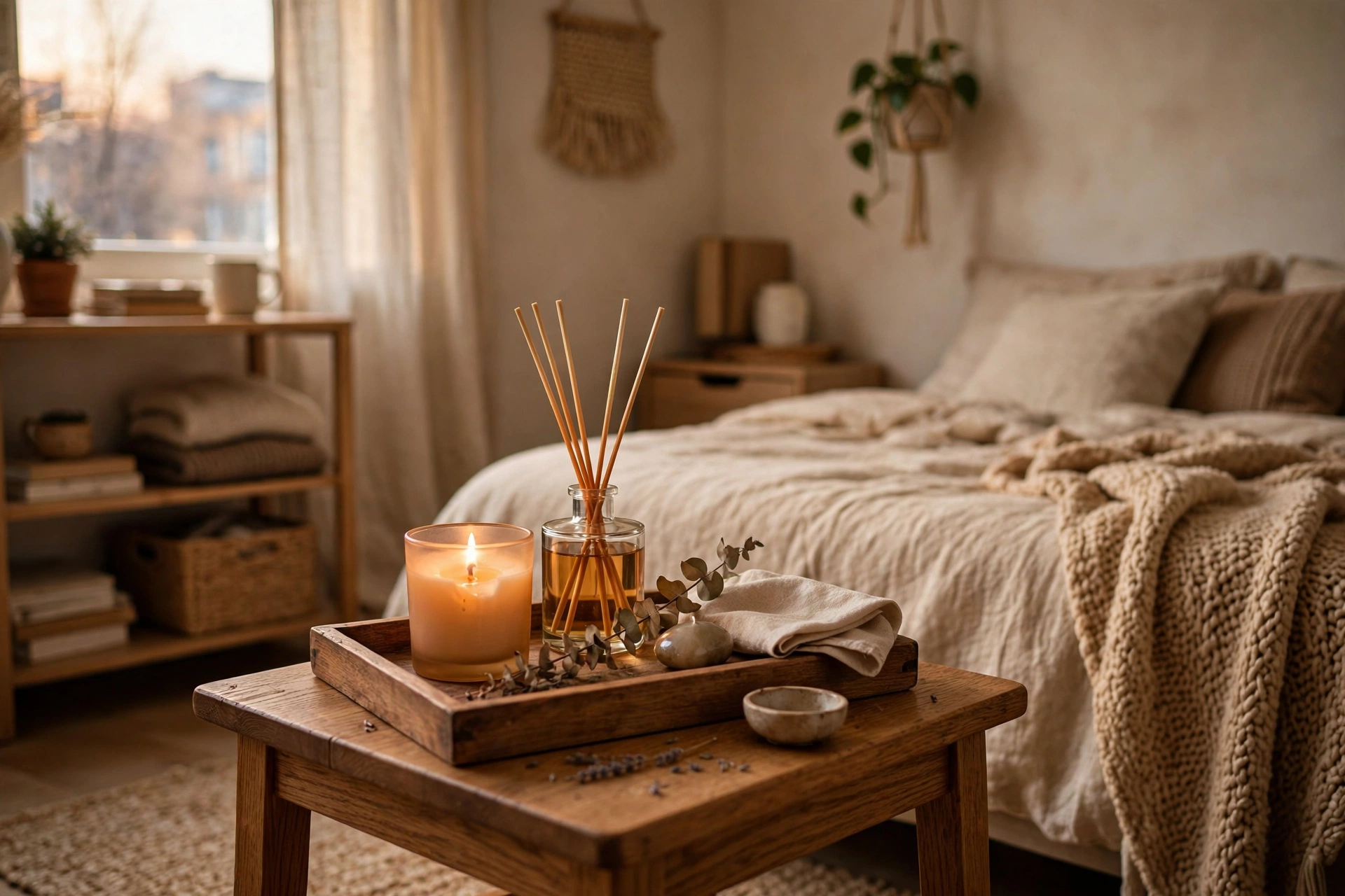 Lit scented candle and reed diffuser on a tray in a cozy student studio apartment