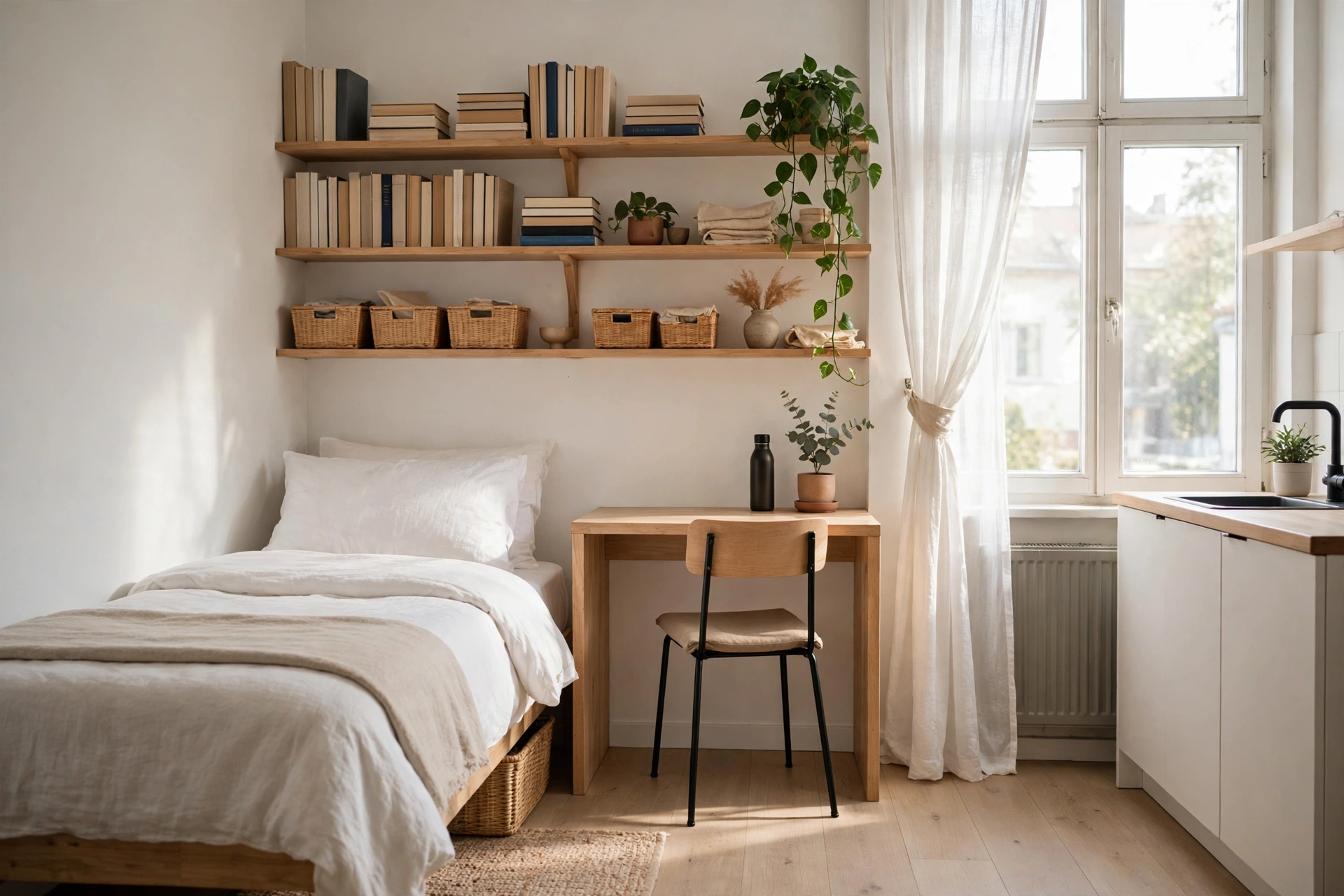 Freshly tidied bright student studio apartment after a weekly cleaning reset