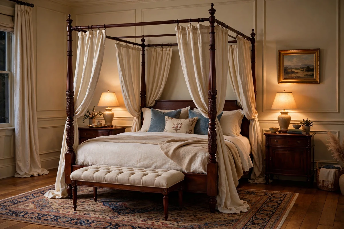 Traditional bedroom with mahogany four-poster bed and flowing cream drapery