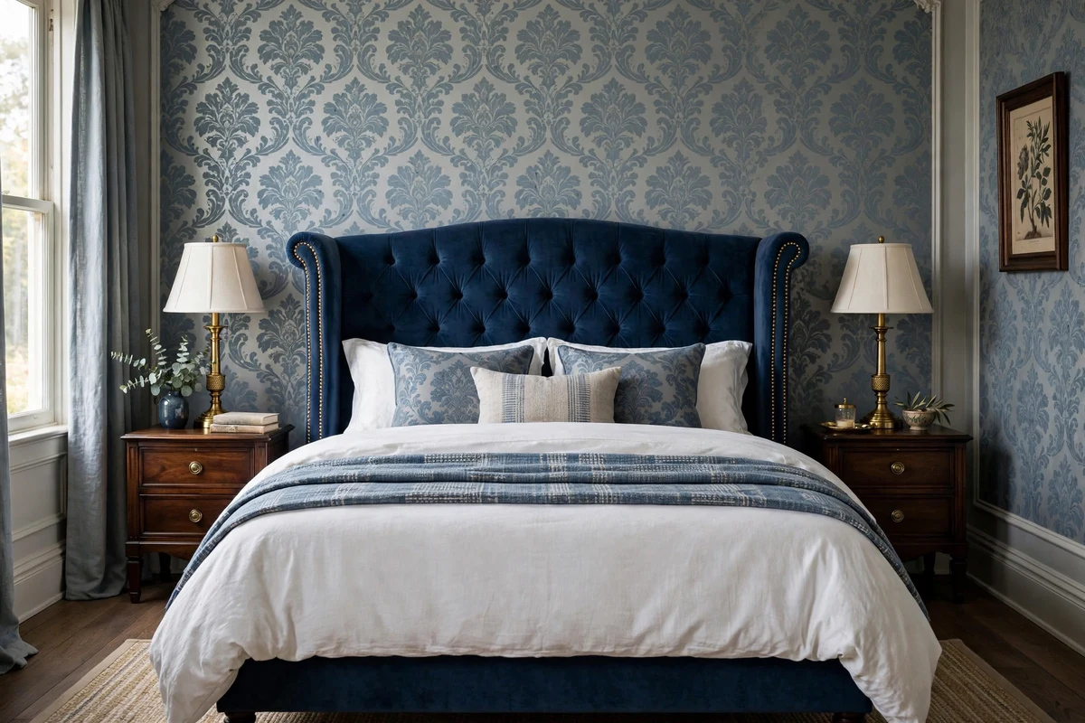 Button-tufted wingback headboard in navy velvet with brass nailhead trim