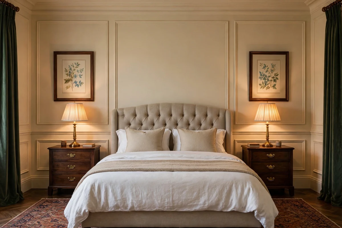 Symmetrical traditional bedroom with matching dark wood nightstands and brass lamps
