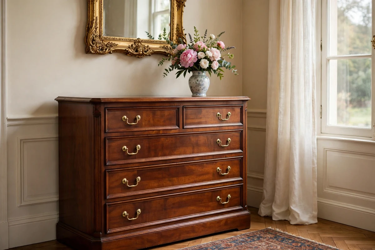 Antique mahogany dresser with polished brass hardware and porcelain vase